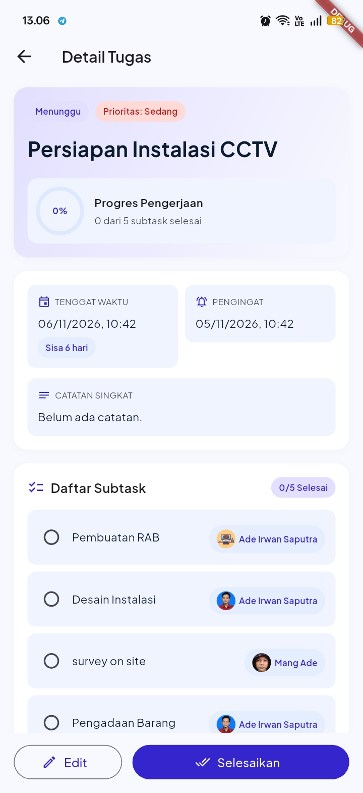 Tampilan Detail Tugas dan Subtask Our Task